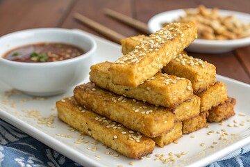 Golden brown crispy tempeh sticks topped with sesame seeds served with dipping sauce