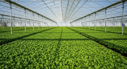 Expansive greenhouse rows of lush green plants under natural light agriculture white background