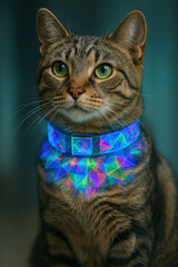 Neon collar glowing pattern tabby cat green eyes geometric design pet portrait futuristic bioluminescent blue teal bokeh background