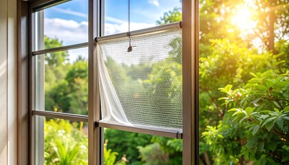 A close-up shot showcases a window with a retractable screen, offering a view of lush greenery and a sunny sky.