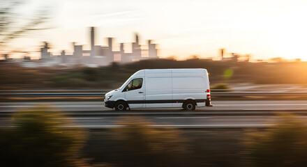 Obraz premium White delivery van driving on highway at sunset with city backdrop