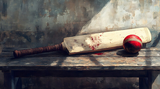 Digital painting of a vintage cricket bat and ball 