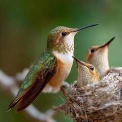 Obraz premium Macro close up of hummingbird nest thin branch chicks reaching upward for food iridescent parent bird captured in motion