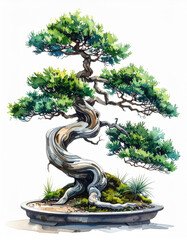 Elegant bonsai twisted trunk watercolor painting  green foliage moss rock pot serene minimal white background