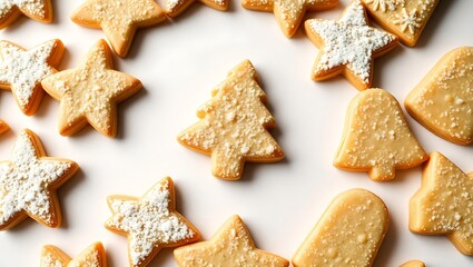 Festive christmas cookies in star, tree, and bell shapes isolated on white background, dusted with powdered sugar