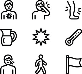 Diverse Medical Symptom Icon Set Representing Illnesses Ailments and General Health Concerns with Body Parts and Medical Equipments Displayed in Black and White