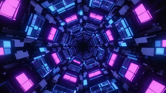 A fractal VJ loop small neon cubes dots cubes replicate themselves recursively larger structures, endlessly evolving layer of cubes blue, violet, and indigo, creating hypnotic geometric patterns