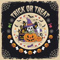 2d vector illustration Halloween t shirt icon design items ghost character Candles in carved pumpkin