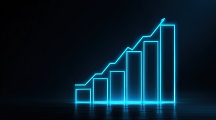 Neon Blue Glowing Bar Chart Rising with Upward Trend on Black