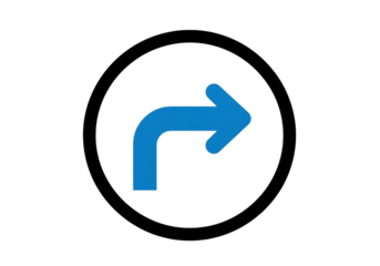 Blue arrow indicating a right turn in a black circle isolated on white isolated on transparent background