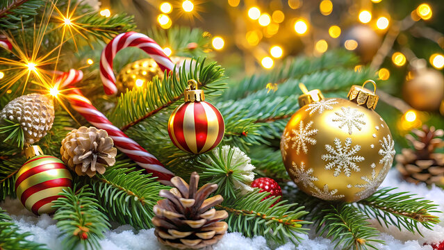 Festive Christmas Arrangement with Ornaments and Candy Canes Holiday Cheer and Warmth of the Season