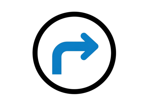 Blue arrow indicating a right turn in a black circle isolated on white isolated on transparent background