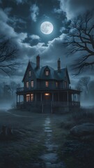 Spooky Old House Under a Full Moon at Night