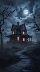 Spooky Old House Under a Full Moon at Night