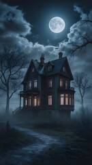 Spooky Old House Under a Full Moon at Night