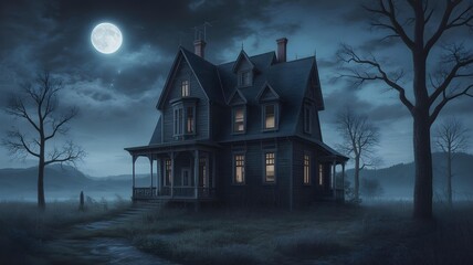 Spooky Old House Under a Full Moon at Night