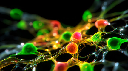 Stem cell clusters glowing in multiple colors (green, red, yellow), creating a web-like organic pattern.
