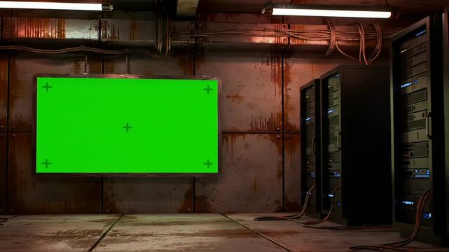 industrial server room with green screen display