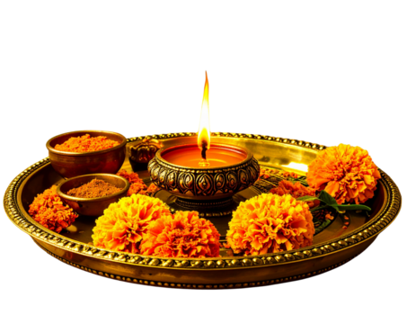 Minimal Brass Puja Thali with Single Oil Lamp, Marigold Flowers, and Tilak Powder, Centered Composition, isolated on transparent background