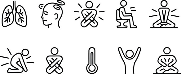 Collection of Medical Condition Pictograms Representing Symptoms Illness and Well Being Featuring Pulmonary Lung Disease Headache Constipation and Sitting on Toilet