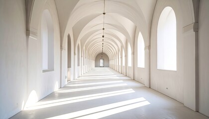 Obraz premium Long White Plaster Corridor with Archways and Sunlight