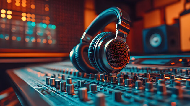 Headphones and mic at the radio station - Powered by Adobe