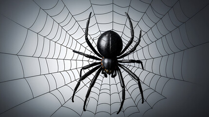 realistic black spider with intricate details, poised on a web, creating a perfect halloween ambiance with shadows and eerie highlights, evoking a sense of creepiness for seasonal promotions