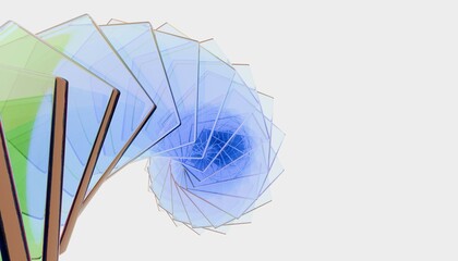 An abstract 3D render of layered, translucent pentagon shapes in a cascading spiral.Ideal for tech websites, corporate presentations, product backdrops, or modern design.