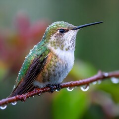 Naklejka premium Macro close up of hummingbird perched rainy twig droplets sparkling on wings cinematic wildlife portrait in detail