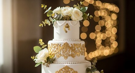 Elegant three-tiered wedding cake with gold filigree and white roses against bokeh lights