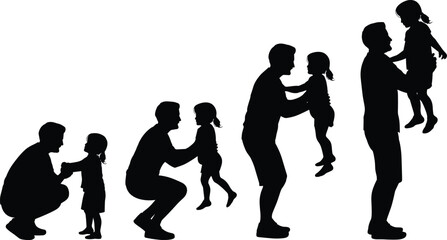 Father lifting child silhouette sequence, emotional bonding moment, playful interaction, black vector figures, parenting motion stages, family connection art, supportive gesture illustration