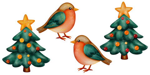 Christmas Set – watercolor holiday illustration. Festive collection with Christmas tree, presents, candy cane, cookies, stocking, bird, snowflake and cozy winter accessories.