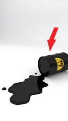 Spilled black oil from a barrel on a white surface, with a red cautionary arrow