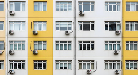 Yellow and white building facade with windows and air conditioners