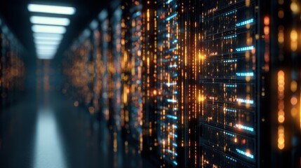 A medium closeup of a data center with servers adorned with visual representations of encrypted data streams emphasizing the edge computing architecture that enhances data privacy.