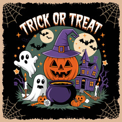 2d vector illustration Halloween t shirt icon design items ghost character Candles in carved pumpkin