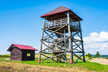 Observation tower on green farming land, Roztocze region, Poland