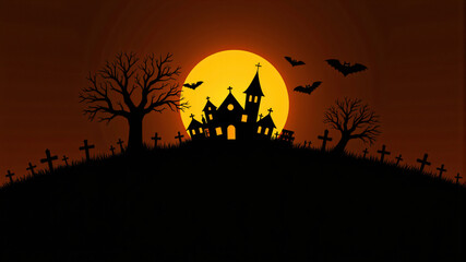 Naklejka premium Spooky Halloween Haunted House Scene with Bats