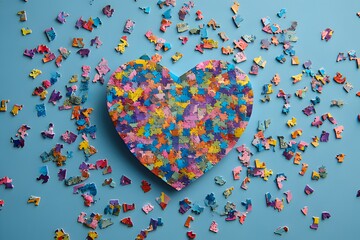 Colorful mosaic heart made of puzzle pieces surrounded by scattered jigsaw pieces on vibrant blue background