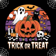 2d vector illustration Halloween t shirt icon design items ghost character Candles in carved pumpkin