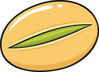 A cartoon illustration of a single, shelled pistachio nut.