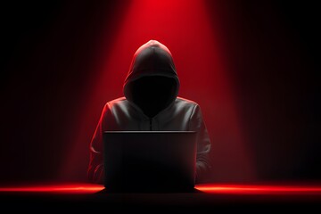 Anonymous hacker in hoodie working on laptop under dramatic red spotlight in dark environment