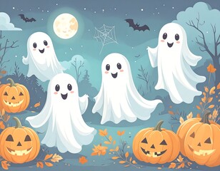 Cute ghosts in a Halloween scene
