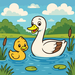 cartoon image of a swan with its chicks in a lake