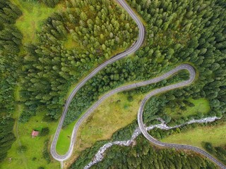 Winding Mountain Road Through Lush Forest – Aerial View