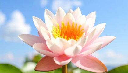 Water lily blooms in bright sunshine over a serene pond with blue sky in the background during midday