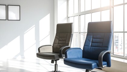 Two modern office chairs by a large window