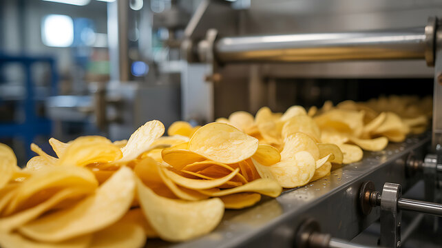 Potato chips on a conveyor belt in a factory food production - Powered by Adobe