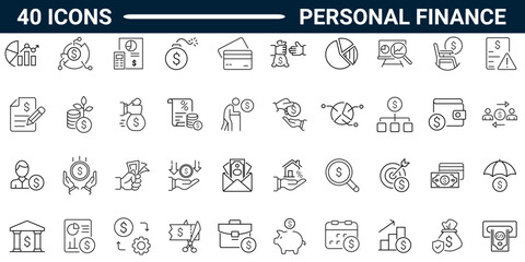 Personal finance line icon set. Includes budget, savings, expense, income, tax, loan, statement, financial management, mortgage. Editable stroke. Vector illustration