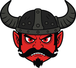 A fierce red-skinned demon character head with a menacing expression, wearing a horned Viking helmet with a thick mustache and angry red eyes.